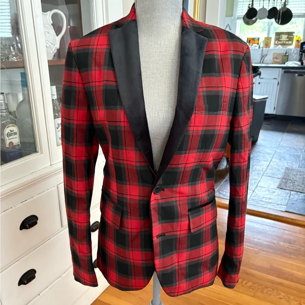 INC International Concepts MENS Formal Red and Black Checkered Blazer, Slim Fit